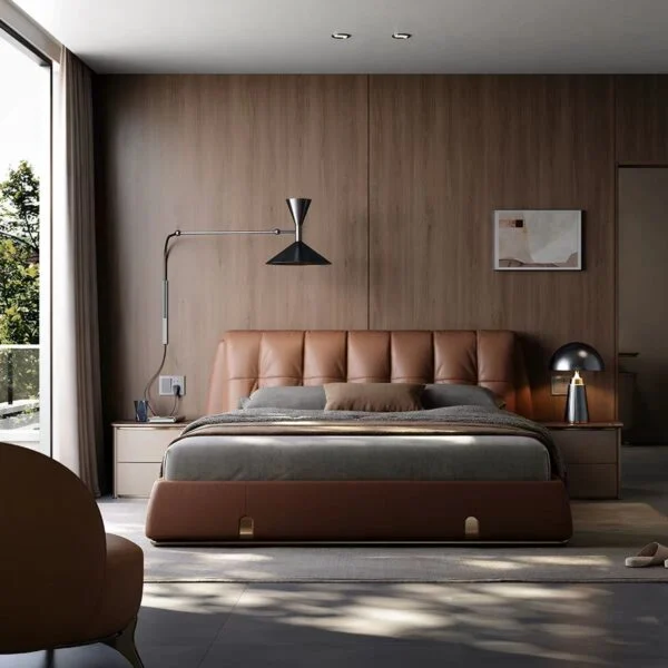 Дизайнерская двуспальная кровать с мягким панельным изголовьем из итальянской кожи — фото 1