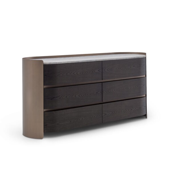 Комод Melfi из дымчатого шпона ореха с латунной боковиной и травертиновой столешницей